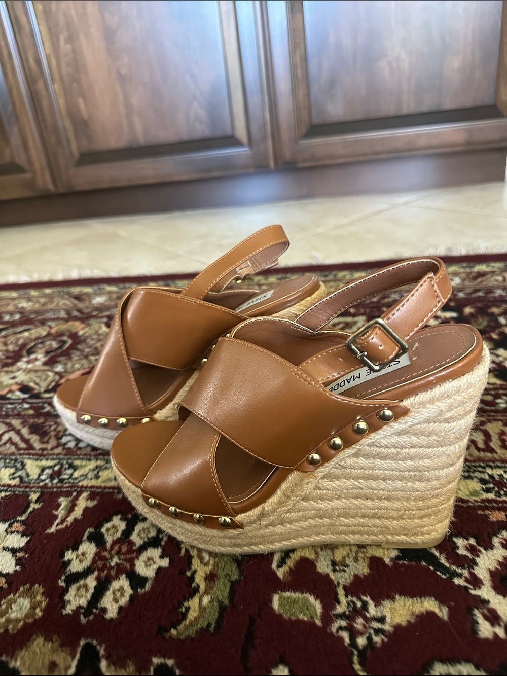 Steve Madden Elinna Cognac Leather Braided Espadrille Wedges 7.5